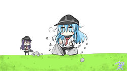  2girls akatsuki_(kancolle) anchor_symbol blue_eyes blue_hair blush chibi chop commentary_request flat_cap grass hair_between_eyes hair_ornament hat hibiki_(kancolle) kantai_collection long_hair long_sleeves looking_at_viewer messy_hair multiple_girls neckerchief nyonyonba_tarou one-hour_drawing_challenge open_mouth pleated_skirt purple_hair red_neckerchief school_uniform serafuku shovel skirt stone 