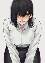  black_hair black_skirt blush breasts collared_shirt commentary_request female grey_eyes highres hoshi_san_3 large_breasts leaning_forward long_sleeves looking_away looking_to_the_side medium_hair mole mole_on_ear mole_under_mouth office_lady original pencil_skirt shirt simple_background skirt solo sweatdrop white_background white_shirt wing_collar 