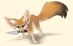  ambiguous_gender big_ears canid canine claws fennec_fox feral fox hi_res knife knife_in_mouth looking_at_viewer mammal object_in_mouth paws solo standing teeth true_fox waywardmutt 