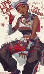  apex_legends artist_name belt black_headband black_pants black_tank_top breasts character_name chikitamako dark-skinned_female dark_skin detached_sleeves double_bun female fingerless_gloves first_responder_lifeline freckles gloves green_eyes grey_hair hair_bun headband highres lifeline_(apex_legends) mask mask_around_neck medium_breasts navel official_alternate_costume one_eye_closed pants respirator solo tank_top white_belt white_gloves 