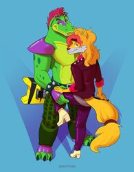  2022 alligator alligatorid anthro bottomwear canid canine canis clothing countershading crocodile crocodilian crocodylid digital_media_(artwork) dodger_akame_(character) draftgon duo eyewear five_nights_at_freddy&#039;s five_nights_at_freddy&#039;s:_security_breach fur glasses green_body hair hi_res male male/male mammal montgomery_gator muscular muscular_anthro muscular_male orange_body orange_fur pants red_eyes red_hair reptile scalie scott_cawthon scottgames shaded shoulder_pads signature simple_background steel_wool_studios teeth wolf 