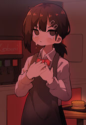  absurdres apron black_eyes black_hair black_pants blush bow bowtie burger chainsaw_man collared_shirt crying crying_with_eyes_open drinking_fountain female food hair_ornament hairpin hand_over_heart higashiyama_kobeni highres indoors ix korean_commentary long_sleeves looking_at_viewer own_hands_together pants red_bow red_bowtie restaurant shirt shirt_tucked_in short_hair soda solo tears tied_hair waitress white_shirt 