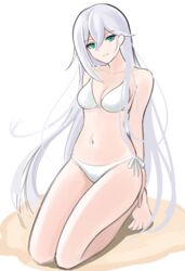  aircell barefoot bikini blue_eyes breasts cecilia_schariac cleavage closed_mouth female full_body hair_between_eyes highres honkai_(series) honkai_impact_3rd long_hair looking_at_viewer navel seiza sitting smile solo swimsuit toes white_bikini white_hair 