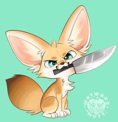  ambiguous_gender big_ears canid canine evil_grin fennec_fox feral fox knife knife_in_mouth looking_at_viewer mammal object_in_mouth paws smile solo teeth true_fox ward watermark waywardmutt whiskers 