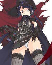  armor belt black_cape black_flower black_hair black_hat blue_eyes cape female flower flower_knight_girl gauntlets grey_thighhighs hand_on_hilt hand_on_own_hip hand_on_weapon hat kamchatka_lily kuroyuri_(flower_knight_girl) lily_(flower) long_hair lowres name_connection object_namesake panties scabbard sheath sheathed solo sword thighhighs thighs torn touchou-bu twintails underwear vambraces weapon white_panties 