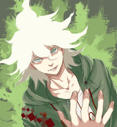  1boy breast_pocket collarbone danganronpa_(series) danganronpa_2:_goodbye_despair dosugon green_background green_jacket grey_eyes hair_between_eyes hand_up hood hood_down hooded_jacket jacket komaeda_nagito looking_at_viewer male_focus messy_hair multicolored_background open_clothes open_jacket pocket shirt smile solo white_hair 