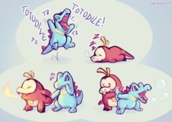  ambiguous_gender blue_body bubble crocodile crocodilian crocodylid duo feral fire fuecoco generation_2_pokemon generation_9_pokemon group hi_res jumping nemugon nintendo open_mouth pokemon pokemon_(species) red_body reptile scalie sleeping text totodile 