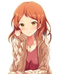  blush cable_knit female head_on_hand head_rest hojo_karen idolmaster idolmaster_cinderella_girls jacket jewelry long_hair looking_at_viewer naruse_nagi necklace orange_hair red_shirt ribbed_sweater shirt sleeves_past_wrists smile solo sweater sweater_jacket yellow_eyes 