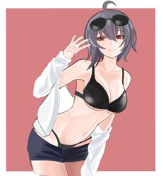  aircell antenna_hair bikini black_bikini black_hair border breasts cleavage closed_mouth denim denim_shorts eyewear_on_head female hair_between_eyes highres honkai_(series) honkai_impact_3rd jacket long_sleeves looking_at_viewer mole mole_under_mouth navel raven_(honkai_impact) red_background red_eyes short_hair shorts smile solo sunglasses swimsuit white_jacket 