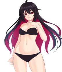  aircell black_bra black_panties bra breasts female hair_between_eyes hand_on_own_chest highres honkai_(series) honkai_impact_3rd long_hair looking_at_viewer navel open_mouth panties red_eyes red_hair seele_(alter_ego) seele_vollerei simple_background smile teeth underwear v-shaped_eyebrows white_background 