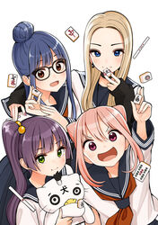  4girls :d a_sore_pon_desu! between_fingers black-framed_eyewear black_sailor_collar blue_eyes blue_hair brown_eyes chigita_natsume closed_mouth commentary_request cone_hair_bun earrings forehead glasses green_eyes hair_between_eyes hair_bobbles hair_bun hair_ornament high_ponytail high_side_ponytail highres holding holding_mahjong_tile hoshinami_sena jewelry kentaurosu light_brown_hair long_hair long_sleeves looking_at_viewer mahjong mahjong_tile multiple_girls nail_polish neckerchief nishikobe_komachi open_mouth parted_bangs pink_hair purple_eyes purple_hair purple_nails red_neckerchief sailor_collar school_uniform serafuku shirt side_ponytail simple_background single_hair_bun sleeves_past_wrists smile tenbou toukura_shiori v-shaped_eyebrows white_background white_shirt 