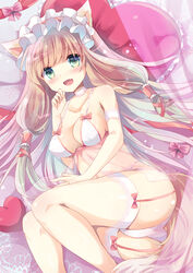  :d animal_ears ass babydoll bare_shoulders bed_sheet blunt_bangs blush bow breasts brown_hair cleavage collarbone commentary_request female fox_ears fox_girl fox_tail garter_straps green_eyes green_hair hand_up heart heart-shaped_pillow kuriyuzu_kuryuu long_hair looking_at_viewer lying maho_(princess_connect!) medium_breasts oerba_yun_fang on_side open_mouth panties pillow pink_bow princess_connect! see-through smile solo tail thighhighs underwear underwear_only very_long_hair white_panties white_thighhighs 