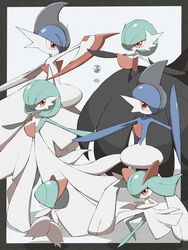  absurdres alternate_color bad_id bad_twitter_id border colored_skin commentary_request evolutionary_line eye_contact gallade gardevoir green_hair highres kirlia looking_at_another mega_gallade mega_gardevoir mega_pokemon outstretched_arms pokemon pokemon_(creature) ralts red_eyes shabana_may shiny_pokemon standing stone white_skin 