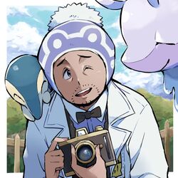  1boy ;d ayo_(ayosanri009) beanie border bow bowtie camera cloud collared_shirt commentary_request cyndaquil dark-skinned_male dark_skin day facial_hair fence hat hisuian_goodra holding holding_camera lab_coat laventon_(pokemon) logo looking_to_the_side male_focus one_eye_closed open_mouth outdoors pokemon pokemon_(creature) pokemon_legends:_arceus shirt sky smile teeth tongue upper_teeth_only vest white_border 