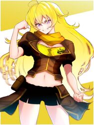  bike_shorts black_shorts blonde_hair breasts clenched_hands commentary cowboy_shot female hand_up highres long_hair looking_at_viewer midriff mityubi navel purple_eyes rwby shorts smile solo stomach very_long_hair yang_xiao_long 