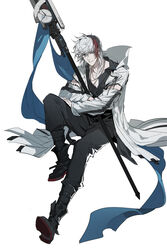  1boy arknights black_footwear black_hair black_pants black_shirt blue_flag boots chinese_commentary coat commentary_request elysium_(arknights) flag full_body highres holding holding_flag hood hood_down hooded_coat jewelry knee_up long_sleeves looking_at_viewer male_focus multicolored_hair necklace open_clothes pants parted_lips red_hair shirt simple_background sitting smile solo streaked_hair white_background white_coat white_hair xiandao1213 