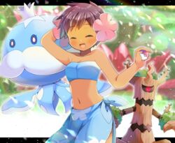  :d ^^^ arm_behind_head bandeau bare_arms bare_shoulders blue_bandeau blurry blurry_background breasts brown_hair closed_eyes collarbone commentary_request crop_top crown dark_skin depth_of_field facing_viewer female flower hair_flower hair_ornament holding holding_poke_ball jellicent jellicent_(male) kou_hiyoyo letterboxed looking_at_viewer mini_crown navel open_mouth phoebe_(pokemon) pink_flower poke_ball poke_ball_(basic) pokemon pokemon_(creature) pokemon_rse sarong short_hair small_breasts smile tree trevenant 