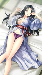  ;d asa_no_ha_(pattern) ass_visible_through_thighs bath_yukata black_hair breasts brown_eyes cleavage collarbone doukyuusei doukyuusei_another_world female from_above futon game_cg groin japanese_clothes kimono long_hair looking_at_viewer lying masaki_natsuko medium_breasts midriff navel on_back one_eye_closed open_clothes open_kimono open_mouth panties pillow purple_panties smile solo stomach thigh_gap underwear very_long_hair yukata 