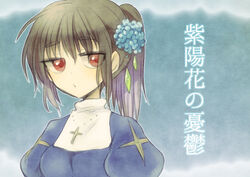  ark_kan blue_background blue_dress blue_flower breasts brown_hair commentary_request cross cross_necklace dress female flower habit hair_between_eyes hair_flower hair_ornament jewelry juliet_sleeves long_sleeves looking_at_viewer medium_breasts medium_hair necklace nun ponytail priest_(ragnarok_online) puffy_sleeves ragnarok_online red_eyes solo translation_request upper_body 