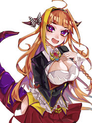  absurdres ahoge arm_behind_back black_bow black_hairband black_jacket blonde_hair blunt_bangs blush bow braid breasts bright_pupils brooch chain_necklace chains cleavage cleavage_cutout clothing_cutout collared_shirt diagonal-striped_bow diagonal_stripes dragon_girl dragon_horns dragon_tail dragon_wings fangs female hair_ornament hairband hand_on_own_chest hand_up highres hip_vent hololive horn_bow horn_ornament horns jacket jewelry kiryu_coco kiryu_coco_(1st_costume) large_breasts long_hair looking_at_viewer mamiya_miya miniskirt multicolored_bow multicolored_eyes multicolored_hair necklace open_mouth orange_hair pleated_skirt pointy_ears purple_eyes red_eyes red_skirt scales shirt side-tie_skirt side_braid simple_background single_braid skirt smile solo streaked_hair striped tail tongue upper_body virtual_youtuber white_bow white_shirt wings 