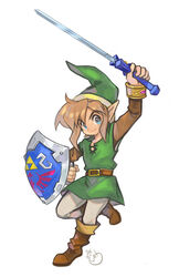  5_fingers alpaca-carlesi belt blonde_hair blue_eyes boots clothing fingers footwear hair hat headgear headwear humanoid humanoid_pointy_ears hylian hylian_shield light_body light_skin link male master_sword melee_weapon nintendo not_furry shield signature simple_background smile solo sword the_legend_of_zelda weapon white_background 