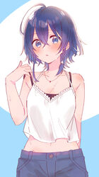  absurdres ahoge bare_shoulders blue_eyes blush braid camisole commentary_request female hair_between_eyes highres jewelry looking_at_viewer midriff misakino_kukuru navel necklace parted_lips purple_hair shiroi_suna_no_aquatope short_hair side_braid solo sorimachi-doufu sweat upper_body white_camisole 