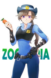  bad_id bad_pixiv_id badge belt_pouch blue_hat blush brown_hair carrot closed_mouth copyright_name duplicate eyelashes female hat highres holding humanization judy_hopps long_hair looking_at_viewer pixel-perfect_duplicate police police_uniform policewoman pouch purple_eyes sanonoreku_rlo signature smile solo uniform white_background zootopia 