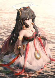  absurdres accessories alternate_costume bare_shoulders black_gloves black_hair bracelet breasts choker cleavage detached_sleeves dress earrings erjian female gloves hair_between_eyes hair_ornament halo highres jewelry light_particles light_reflection_(water) long_hair looking_to_the_side lucia:_plume_(punishing:_gray_raven) lucia_(punishing:_gray_raven) mole mole_under_eye multicolored_clothes multicolored_dress necklace official_alternate_costume open_mouth punishing:_gray_raven red_eyes skirt_hold small_breasts wading water waves wet wet_clothes wet_dress white_dress 