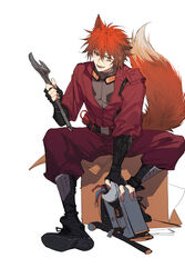  1boy absurdres animal_ears arknights belt black_footwear black_gloves boots chiave_(arknights) chinese_commentary commentary_request elbow_gloves fingerless_gloves fox_ears fox_tail full_body gloves goggles goggles_around_neck grey_shirt highres holding holding_wrench jacket long_sleeves looking_at_viewer male_focus open_mouth orange-tinted_eyewear orange_eyes orange_hair pants red_jacket red_pants shirt short_hair simple_background sitting smile solo tail tinted_eyewear white_background wrench xiandao1213 