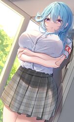  absurdres alternate_costume armband arms_under_breasts blue_hair breasts dutch_angle eula_(genshin_impact) female genshin_impact glaring grey_skirt hair_between_eyes highres large_breasts long_hair parted_lips plaid plaid_skirt purple_eyes qiyuan_yingluo school_uniform shirt short_sleeves skirt solo white_shirt 