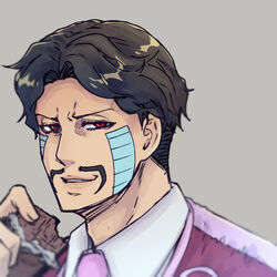  1boy bad_id bad_pixiv_id black_hair candy chocolate chocolate_bar daniel_j._d&#039;arby facial_hair facial_mark food giga_omega jojo_no_kimyou_na_bouken lips male_focus moustache necktie red_eyes solo stardust_crusaders tattoo vest 