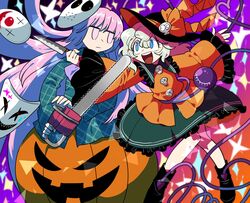  2girls black_headwear chainsaw checkered_clothes checkered_shirt clown_mask frilled_shirt_collar frilled_skirt frilled_sleeves frills furukawa_(yomawari) green_skirt grey_hair hair_ornament hat hat_ribbon hata_no_kokoro heart heart_of_string highres jack-o&#039;-lantern jack-o&#039;-lantern_cutout jason_voorhees knife komeiji_koishi long_hair long_sleeves mask multiple_girls open_mouth orange_ribbon orange_shirt pink_eyes pink_hair ribbon shirt short_hair skirt skull_hair_ornament sparkle_background touhou wide_sleeves 