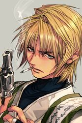  1boy blonde_hair blue_eyes cigarette from_side genjou_sanzou grey_background gun handgun holding holding_gun holding_weapon hungry_clicker jacket looking_at_viewer male_focus manly mole mouth_hold revolver saiyuki sanpaku simple_background smoke smoking solo weapon 