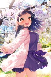  :d black_hair blew_andwhite brown_eyes cardigan cherry_blossoms day dress female floating_hair gradient_hair highres hime_cut multicolored_hair open_mouth outdoors pink_cardigan purple_dress purple_sash sakurada_maon sash smile solo spring_(season) tamayura 