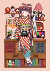  antique_phone arm_at_side beige_background blunt_bangs book bookshelf bow brown_hair candy chest_of_drawers closed_eyes colorful commentary_request daruma_doll facing_viewer female food foot_dangle full_body gloves hair_bobbles hair_ornament hairbow hand_up holding holding_phone indoors inu-hariko japanese_clothes jar kimono kokeshi lamp legs_together long_hair long_sleeves matryoshka_doll obi obiage obijime okobo open_mouth original phone plant polka_dot potted_plant radio red_bow rotary_phone sandals sash sidelocks sitting smile solo striped_clothes striped_kimono tabi television test_card twintails usamochi. vertical-striped_clothes vertical-striped_kimono very_long_hair white_gloves wide_sleeves 