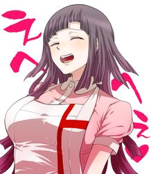  :d apron bandages black_hair closed_eyes collared_shirt commentary_request danganronpa_(series) danganronpa_2:_goodbye_despair dosugon female long_hair mole mole_under_eye pink_shirt shirt short_sleeves simple_background smile solo teeth tsumiki_mikan upper_body upper_teeth_only white_apron white_background 