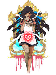  apron bandaged_arm bandages bandaid bandaid_on_knee bandaid_on_leg black_hair blue_background cropped_legs danganronpa_(series) danganronpa_2:_goodbye_despair dosugon female framed heart long_hair mole mole_under_eye pink_background pink_shirt puffy_short_sleeves puffy_sleeves shirt short_sleeves skirt skull smile solo teeth tsumiki_mikan white_background 