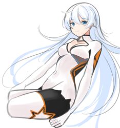  aircell alternate_hairstyle antenna_hair blue_eyes breasts cleavage closed_mouth female hair_between_eyes highres honkai_(series) honkai_impact_3rd kiana_kaslana kiana_kaslana_(white_comet) long_hair looking_at_viewer medium_breasts simple_background smile solo white_background white_hair 