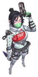  absurdres animification apex_legends b3_wingman black_hair bodysuit breasts cable female from_above gun hair_behind_ear hair_bun hamzes highres holding holding_gun holding_knife holding_weapon hope&#039;s_dusk_(apex_legends) knife kunai looking_to_the_side mask medium_breasts mouth_mask official_alternate_costume purple_eyes quarantine_722_wraith revolver single_hair_bun solo weapon white_background white_bodysuit wraith_(apex_legends) 