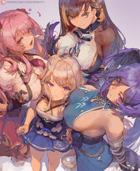  4girls ahoge anchor_earrings artist_name bare_shoulders black_dress black_gloves black_shirt blue_dress blue_eyes blue_skirt boots breast_envy breast_press breasts brown_footwear brown_hair cleavage collared_dress collared_shirt commentary covered_nipples cutesexyrobutts dragon_girl dragon_tail dragon_wings dress earrings enna_alouette enna_alouette_(1st_costume) fang_out flower from_above girl_sandwich gloves hair_behind_ear hair_flower hair_ornament hairclip halter_dress halterneck head_wings height_difference heterochromia highres jewelry knee_boots large_breasts light_brown_hair long_hair looking_at_viewer multicolored_hair multiple_girls neck_ribbon necktie nijisanji nijisanji_en obsydia_(nijisanji) oerba_yun_fang official_alternate_costume open_mouth orange_hair patreon_logo patreon_username petra_gurin petra_gurin_(2nd_costume) pink_eyes pink_hair plant pout purple_eyes purple_hair red_eyes red_flower red_necktie red_rose red_skirt ribbon rose rosemi_lovelock rosemi_lovelock_(2nd_costume) sandwiched selen_tatsuki selen_tatsuki_(2nd_costume) shirt short_necktie short_sleeves sideboob sidelocks skin_fang skirt small_breasts smile streaked_hair suspenders tail thighs thorns two_side_up vines virtual_youtuber watermark web_address white_shirt wings 