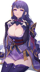  absurdres adjusting_bow bad_id bad_twitter_id bow bowtie braid breasts cleavage commentary_request cropped detached_collar female genshin_impact hair_between_eyes highres japanese_clothes kimono long_hair looking_at_viewer low_ponytail mole mole_under_eye obi parted_lips purple_eyes purple_hair purple_thighhighs raiden_shogun santa_(sunflower) sash short_kimono sidelocks simple_background single_braid solo thighhighs vision_(genshin_impact) white_background wide_sleeves 