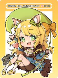  :d \||/ acheru_maru animal_ear_fluff animal_ears anniversary blonde_hair blue_skirt blush bow breasts brown_shorts cat_ears cat_teaser chibi cleavage commentary_request elemental_master_(ragnarok_online) female full_body fur-trimmed_skirt fur_collar fur_trim green_eyes heart juliet_sleeves long_hair long_sleeves looking_at_viewer medium_bangs medium_breasts open_mouth orange_bow outline puffy_sleeves ragnarok_online shoes shorts skirt smile socks solo teeth upper_teeth_only white_outline white_socks yellow_background yellow_footwear 