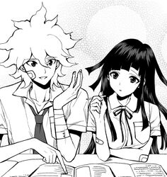  1boy alternate_costume bandaged_arm bandages bandaid bandaid_on_arm book breast_pocket breasts collared_shirt danganronpa_(series) danganronpa_2:_goodbye_despair dosugon female gradient_background greyscale grin hair_between_eyes holding holding_pen komaeda_nagito large_breasts mole mole_under_eye monochrome neck_ribbon necktie open_book pen pocket ribbon shirt smile teeth tsumiki_mikan 