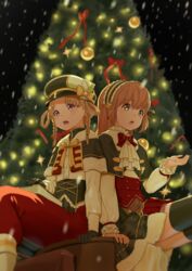  2girls book bow brown_hair capelet christmas christmas_ornaments christmas_tree commentary_request frilled_hairband frilled_sleeves frills fur_trim gloves hairband hat hat_bow highres hiiragi_nemu hiiragi_nemu_(holy_night_ver.) long_hair long_sleeves magia_record:_mahou_shoujo_madoka_magica_gaiden magical_girl mahou_shoujo_madoka_magica multiple_girls nanakamado open_mouth satomi_touka satomi_touka_(holy_night_ver.) sitting thighhighs 