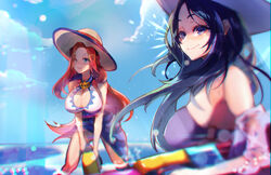  2girls absurdres bikini black_hair blue_eyes blue_sky breasts caitlyn_(league_of_legends) closed_mouth cloud cloudy_sky hat highres hunched_over jewelry large_breasts league_of_legends long_hair mariobaby miss_fortune_(league_of_legends) multiple_girls necklace ocean outdoors pool_party_(league_of_legends) pool_party_caitlyn pool_party_miss_fortune red_hair side-tie_bikini_bottom sky smile sun_hat swimsuit water water_gun 