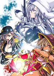  3girls absurdres alternate_color apprentice_illusion_magician bare_shoulders between_breasts between_legs blue_eyes blue_hair braid breasts brown_hair cleavage dark-skinned_female dark_skin dress duel_monster gloves grey_eyes grey_hair hair_over_one_eye hat hat_ornament highres holding holding_staff holding_wand large_breasts long_hair long_sleeves multicolored_hair multiple_girls open_mouth red_eyes silent_magician smile staff tkool_man trait_connection wand white_gloves witchcrafter_haine yu-gi-oh! 