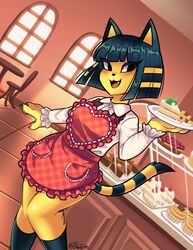  2020 :3 absurd_res animal_crossing ankha_(animal_crossing) anthro apron blue_hair blush bob_cut cafe cake chair clothing cookie cupcake cute_fangs dessert domestic_cat dress_shirt dutch_angle felid feline felis female food fur furniture hair hi_res inside kaibuzetta looking_aside mammal markings nintendo open_mouth pastry pawpads pie plate restaurant shirt short_hair smile solo striped_markings striped_tail stripes table tail tail_markings topwear waiter yellow_body yellow_fur 