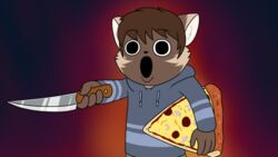  adrian_(crovirus) adult_swim anthro cartoon_network clothing crovirus food gesture glowing glowing_background gulonine hand_gesture hi_res hoodie humor knife male mammal marten meme mustelid musteline open_mouth parody pine_marten pizza pogchamp pointing pointing_at_viewer screaming smiling_friends solo topwear weapon 