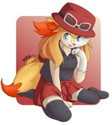  2018 alpha_channel blonde_hair blue_eyes bottomwear braixen braixrena clothed clothing digital_media_(artwork) ear_tuft eyewear female fully_clothed generation_6_pokemon glasses hair hat headgear headwear human human_to_anthro legwear looking_down mammal nintendo pokemon pokemon_(species) pokemon_trainer red_background red_nose serena_(pokemon) simple_background sitting skirt solo species_transformation topwear transformation tuft yellow_body yorusagi 