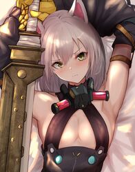  animal_ears arknights armpits arms_up bed_sheet blush breasts commentary covered_nipples female grey_hair hair_between_eyes highres holding holding_sword holding_weapon looking_at_viewer lying mouse_ears on_back scavenger_(arknights) short_hair small_breasts solo sword take_(trude1945oneetyan) upper_body weapon yellow_eyes 